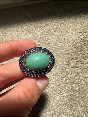 Vintage 925 Sterling Silver Turquoise Oval Blue Gemstone Halo Ring Sz 7.5
